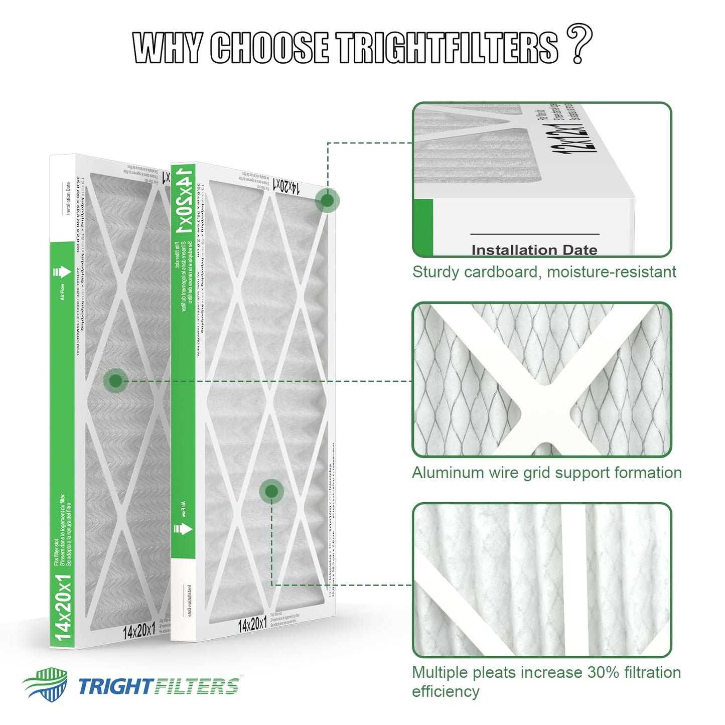TRIGHTFILTERS 14x20x1 Air Filter 4 Pack, MERV 8 Pleated Dust Defense Air Filters Replacement Air Conditioner HVAC AC Furnace Filter, Durable and Lightweight