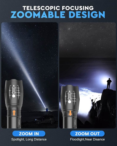 Voph Flashlight 2 Pack, 5 Modes High Lumen Tactical LED Flash Light, High Lumens Bright Waterproof Flashlights, Focus Zoomable Flash Lights for Camping, Gifts for Birthday for Men Women Adult