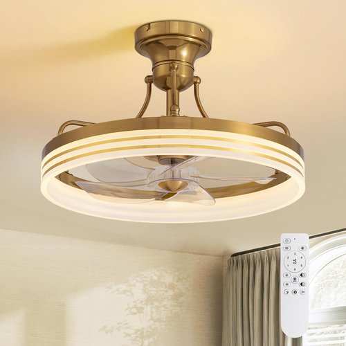 MOOONICHE 20inch Ceiling Fan With Light Gold Flush Mount Fandelier with Remote Control Modern LED Ceiling Fan 6 Wind Speeds Fandelier for Bedroom Living Room Kitchen