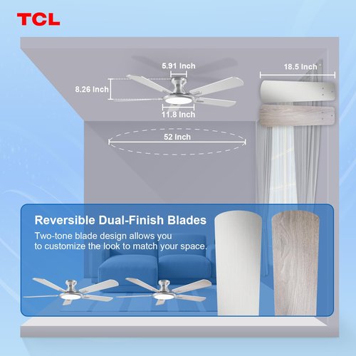 TCL Ceiling Fans with Lights, 52 Inch Low Profile Ceiling Fan with Light and Remote Control, Flush Mount, DC Reversible Motor, Noiseless, 6 Speeds Ceiling Fan for Bedroom (Silver)