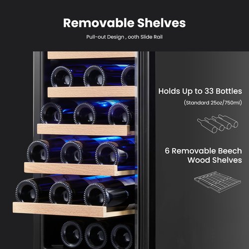 Yeego Wine Fridge - 15 inch 33 Bottles 40-65℉ Temperature Touch Control, Built-In/Under Counter/Freestanding Wine Cooler Refrigerator with Glass Door, Perfect for Bar, Home, Kitchen Cabinet, Office