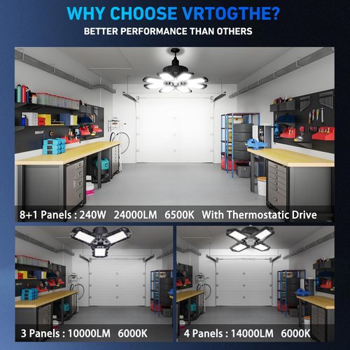 LAMLAMCK Garage Light 2 Pack - 240W 24000LM 6500K Garage Lights Ceiling LED with 8+1 Deformable Panels, E26/E27 Screw Socket in LED Shop Light for Workshop, Basement, Gym, Warehouse Bay Lighting