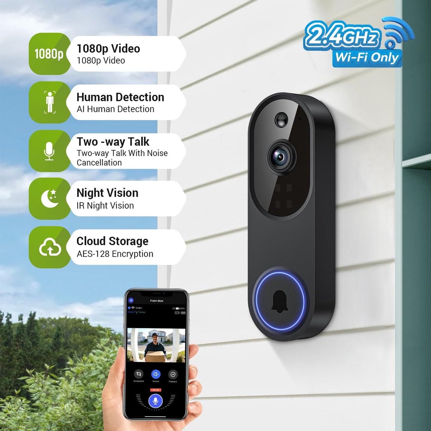 Lunelyx 1080P Wireless Video Doorbell Camera, Outdoor Surveillance Cameras, FHD Live View, Cloud Storage, AI Human Detection, Instant Alert, Night Vision, Two Way Audio, 2.4G WiFi Only