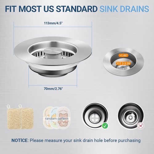 Upgraded 3 in 1 Kitchen Sink Drain Strainer & Stopper 304 Stainless Steel Pop Up, Anti Clogging Basket, Fits US Standard 3-1/2'' Drain Hole (SUS304 Brushed, Silver)
