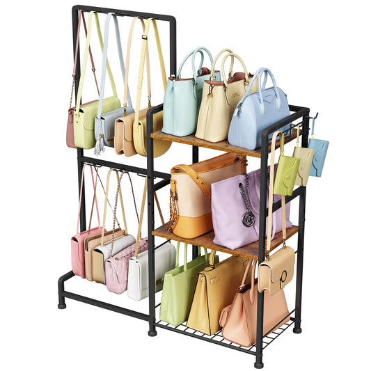 Purse Storage Organizer for Women, 3-Tier Max Purse Storage Stand Rack Holder & Bag Shelf for Closet,12 Fixed Hooks& 3 Side Hooks,Keeping Purses Visible,Purse Display & Bag Organizer for Various Bags