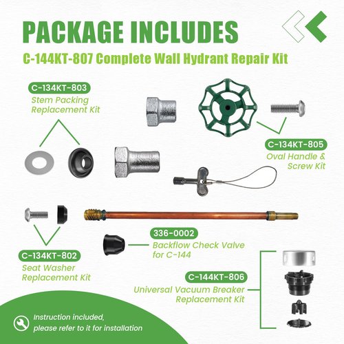 C-144KT-807 Wall Hydrant Complete Service Kit - Replace for Prier C-144KT-807 Anti-Siphon Freezeless Faucet Repair Kit - fit for Prier C-144 C-244 Series Wall Hydrants