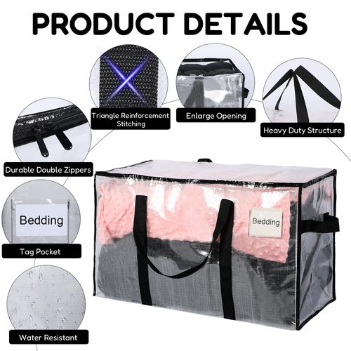 MBEYSAQ Moving Bags 4 Pack Extra Heavy Duty Large with Strong Zipper Comfortable Handles, Sturdy Durable Clothes Storage Bags Totes Bins,Wide Open Design