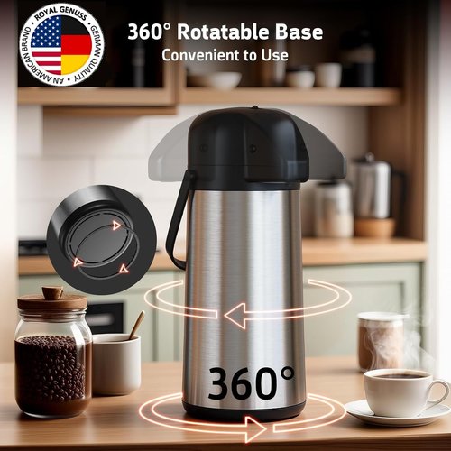 Airpot Coffee Dispenser 102 oz (3L) with Pump, Drip Tray and Cleaning Brush - Stainless Steel Insulated Carafe - 24 Hour Heat Retention - 36 Hour Cold Retention - 2 Gifts are included
