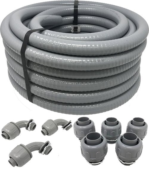 Sealproof 1/2-Inch Non-Metallic Liquid-Tight Conduit and Connector Kit, 50 Foot Made in USA Flexible Electrical Conduit Type B with 5 Straight and 3 90-Degree Conduit Connector Fittings, 0.5" Dia