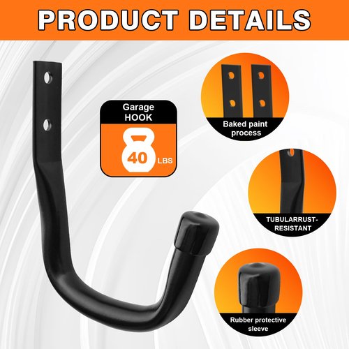 Jikro 10-Pack Heavy Duty Garage Wall Hooks – Utility J Hooks for Hanging Ladders, Bikes, Power Tools with Anti-Slip Coating