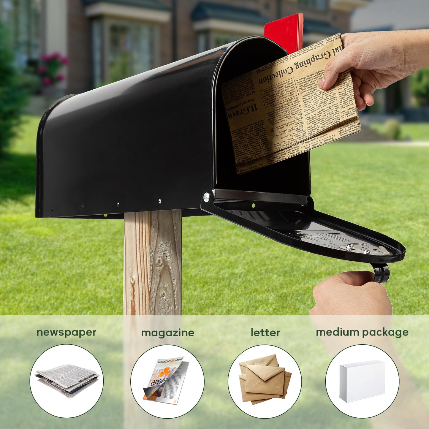 RAINHOL Black Metal Mailboxes for Outside Post Mount, Standard Mail Box, Galvanized Steel Heavy Duty Mailbox, Medium Capacity, 19 x 8.7 x 6.7 inches