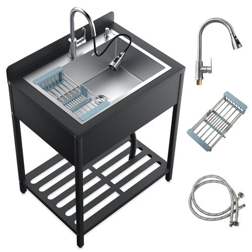 40'' Stainless Steel Utility Sink, Free Stand Commercial Kitchen Single Bowl Sink with Pull-Out Cold & Hot Faucet, Utility Sink for Laundry Room, Kitchen, Bathroom, Hoses & Drain Kit (Style A, Silver)
