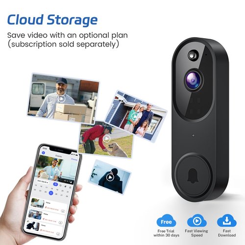 Guggre 1080P Video Doorbell Camera, Smart Human Detection, Cloud Storage, Chime Included, Live View, 2-Way Audio, IR Night Vision, Battery Powered, Indoor/Outdoor Surveillance