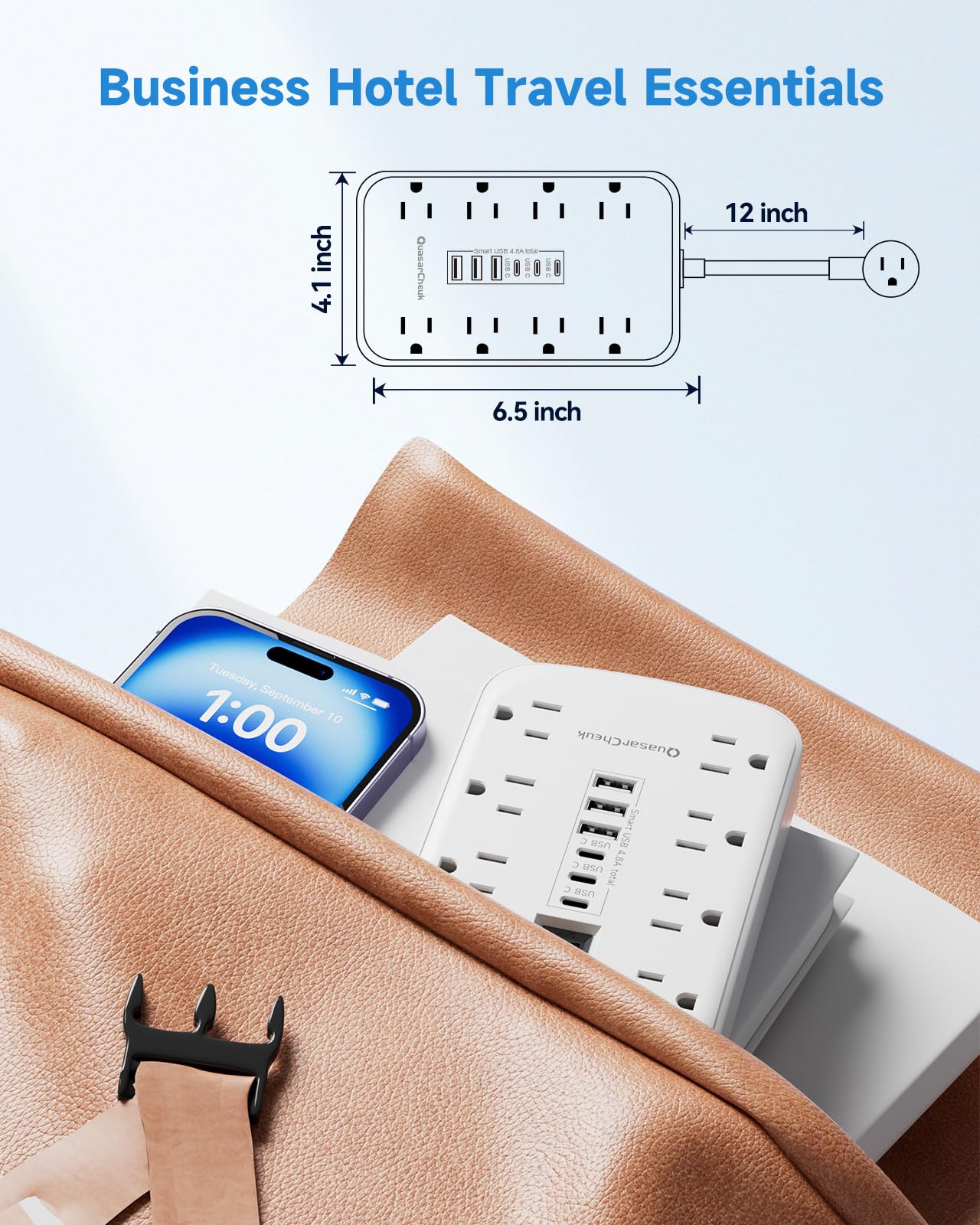 Short Extension Cord 1 ft, Small Power Strip Flat Outlet Extender Surge Protector with 8 AC Outlets 6 USB (5V/4.8A 24W), Mini Extension Cord Flat Wall Plug for Home Office Dorm Kitchen Bathroom