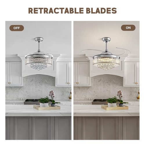 CROSSIO 48 Inch Crystal Chandelier Ceiling Fan with Light Modern Chandelier Ceiling Fan with Retractable Blades Crystal Fandelier with Remote Control 48" Chrome Fandelier for Bedroom Living Room