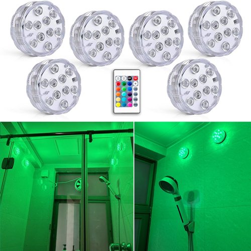 Seagenck Bathroom Lights Wireless Battery Operated, Waterproof Led Glow Light for Bath Shower Spa Vanity Lamp, for Over Mirror Wall Ceiling Lights, RGB Multi Color Remote Controlled, 6pcs