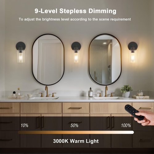 Battery Operated Wall Sconce Set of 2 with Remote Control, Black Rechargeable Wireless Wall Decor Light with Glass Shade, Cordless Wall Lamp for Bedroom Bathroom Mirror Hallway, 3000K Bulbs Include