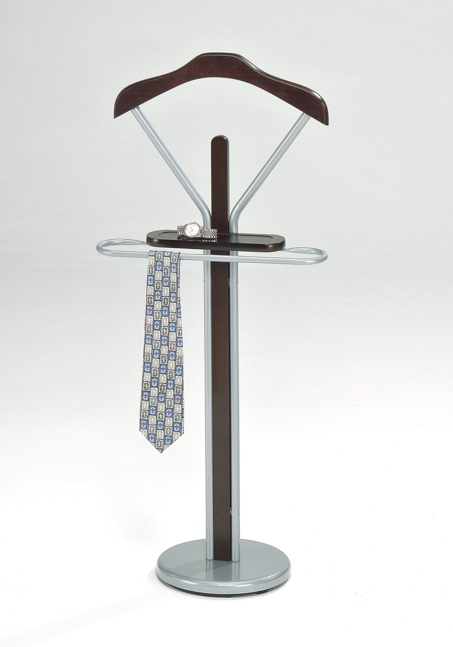 KB Designs - Suit & Tie Freestanding Valet Stand Clothing Organizer Rack, Silver/Walnut