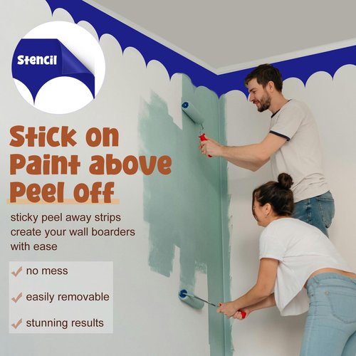 Fuutreo 6 Pcs 15.7 ft Vinyl Sticky Scallop Stencil for Wall Removable Scallop Edge Paint Border Self Adhesive Wall Stencil for Home Bedroom Living Room Nursery Bohemia DIY Painting Decor