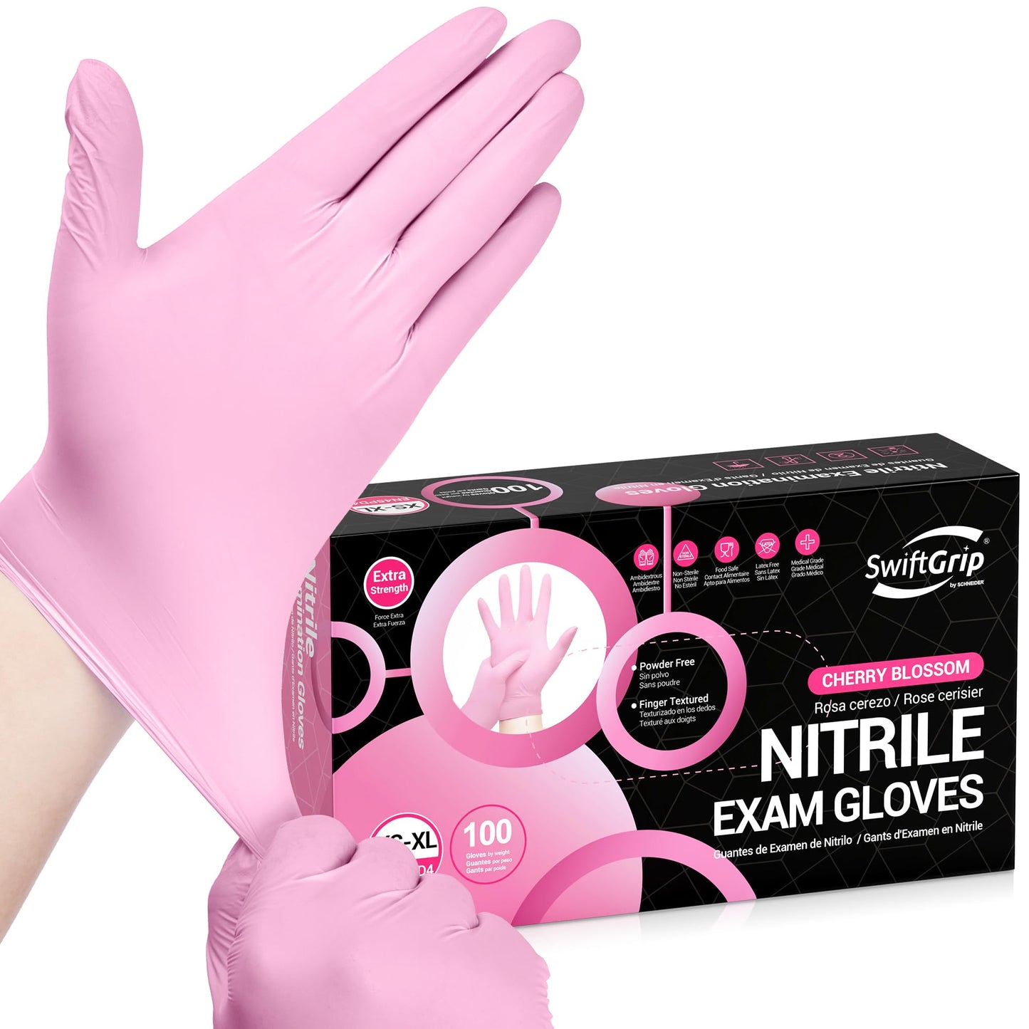 SwiftGrip Nitrile Exam Gloves, 4 Mil, X-Large, Cherry Blossom, Food Safe Gloves Disposable Latex Free, Powder Free for Cleaning Supplies, Esthetician, Hair Dye, Tattoo Supplies (Box of 100)