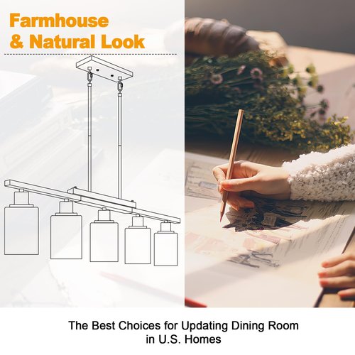 37" Farmhouse Dining Room Light Fixture Over Table, 5-Light Matte Black Wood Kitchen Island Lighting with Clear Glass Shade, Pendant Lights Linear Chandeliers for Dining Room Kitchen Island