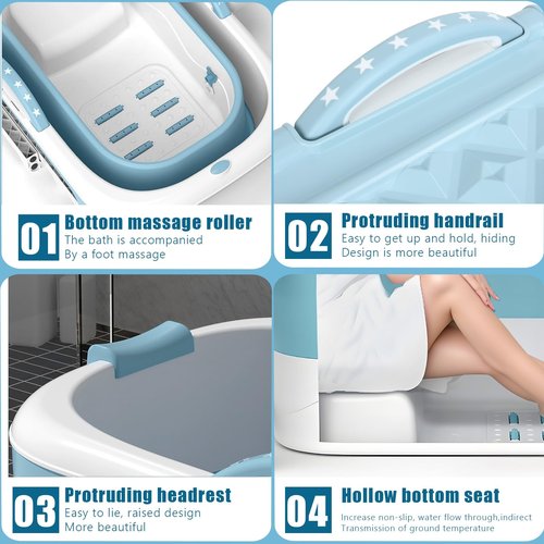 Portable Bathtub for Adult - 41" No Installation Effortless Foldable Bathtub for Bathroom, Collapsible Bathtub with Ergonomic Seat & Massage Roller, Freestanding bathtubs for Adults Blue