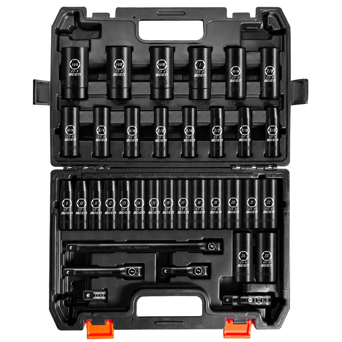 BOEN 35-Piece 1/2" Drive Deep Impact Socket Set - SAE 3/8"-1-1/4" & Metric 8-24mm, Extensions, Joint & Adapter, Cr-V Steel, Double Lock Case