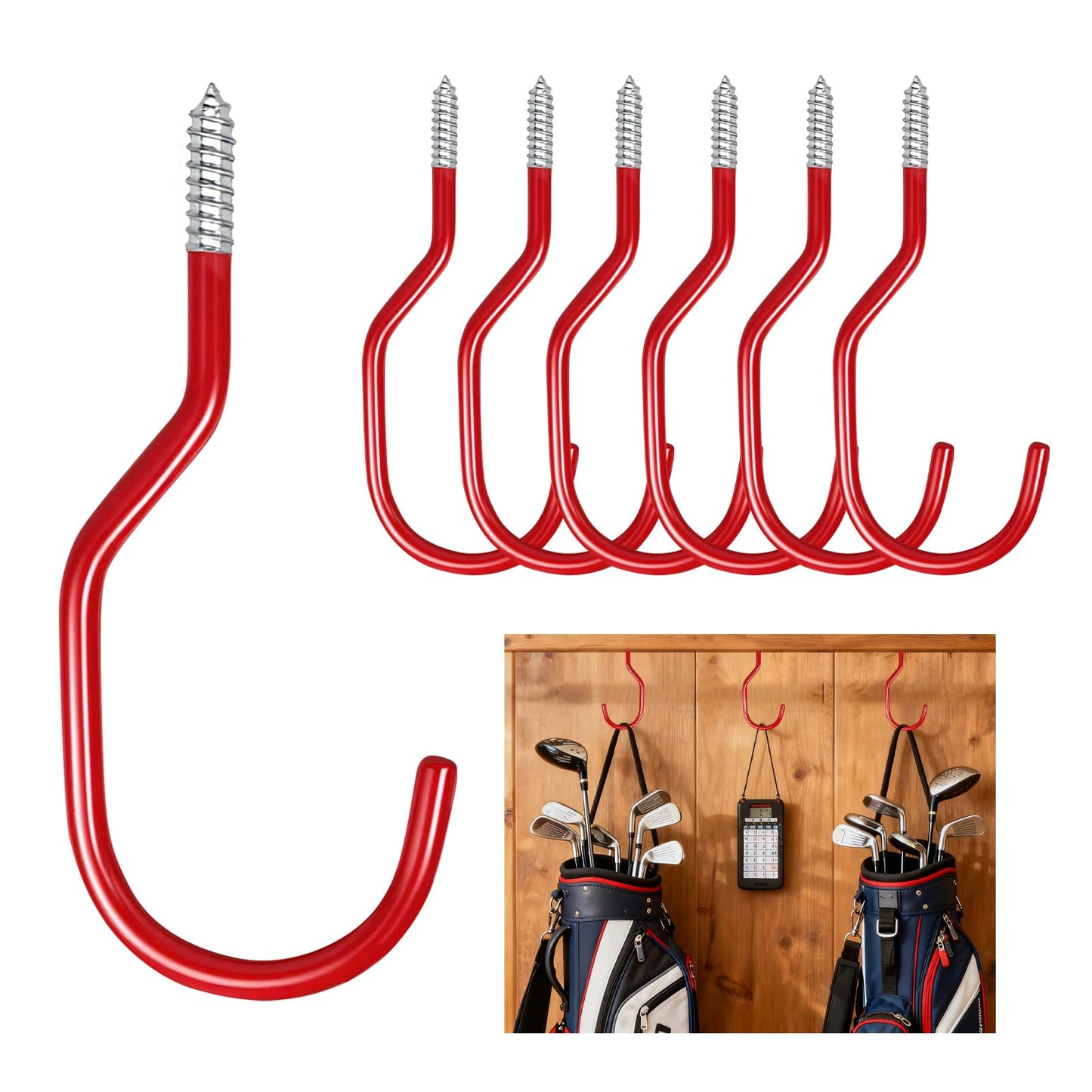 BJUTYEU Heavy Duty Bike Storage Hooks for Garage, Wall and Ceiling Mount Bicycle Hangers, Large Screw-in Utility Hooks for Bikes, Cords, Garden Tools, and More (Red, 7 pcs)