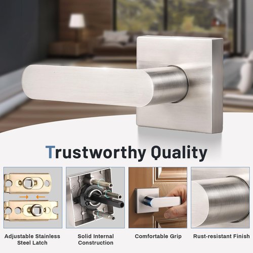 KNOBWELL 1 Pack Interior Door Handle,Satin Nickel Finish Door Levers, Passage Knob for Closet Hallway, Zinc Alloy Construction, 250,000-Cycle Durability