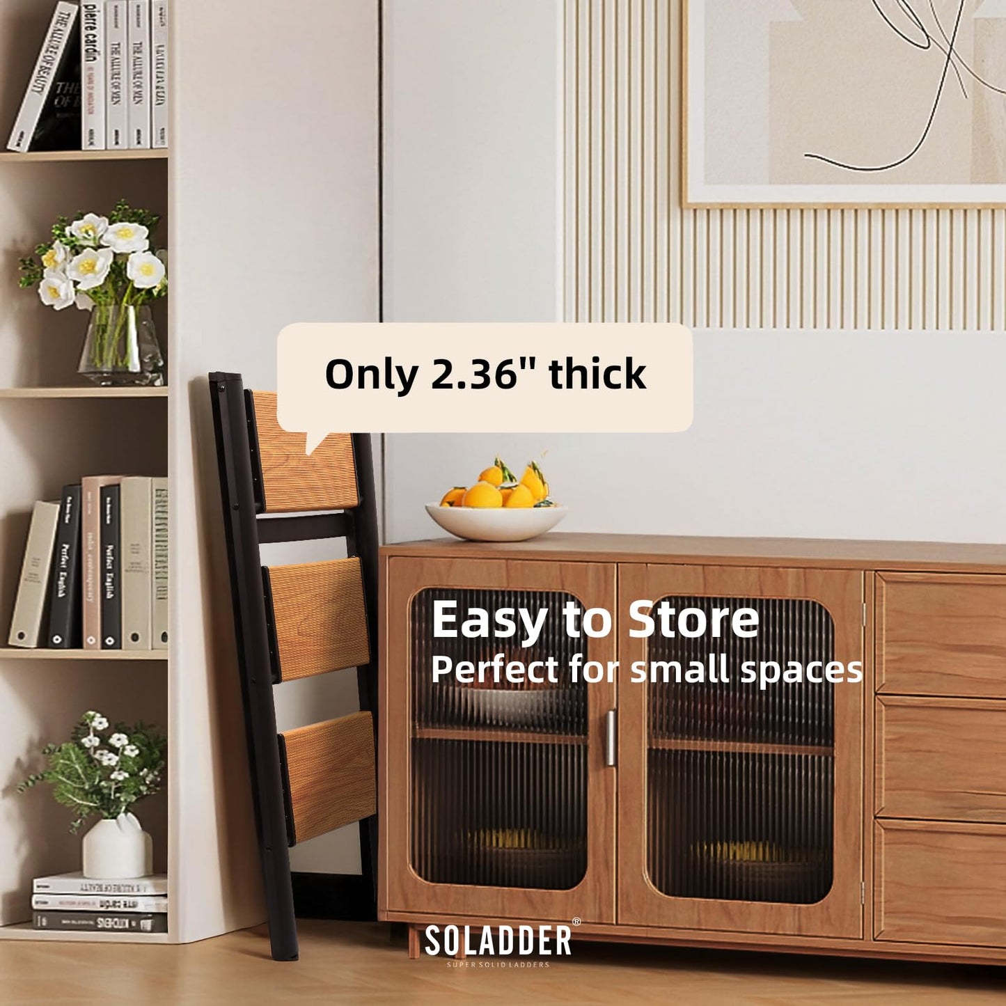 SOLADDER 3 Step Ladder, Anti-Slip and Lightweight Foldable Step Ladder for Adults & Kids to Use in Kitchen,Closet and Library,300lbs(Black+Woodgrain)