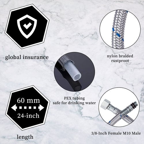 GGStudy 24-Inch Faucet Connector Braided Stainless Steel Supply Hose 3/8-Inch Female Compression Thread x M10 Male Connector One Pair