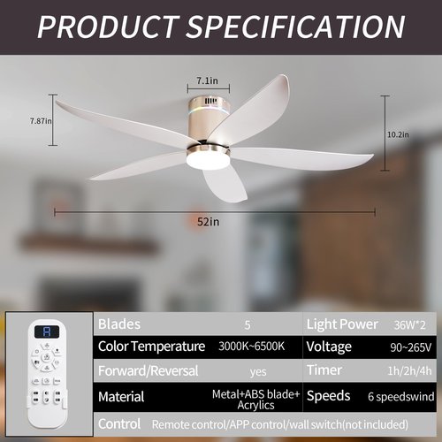 Carrefour Ceiling Fan with Lights,52 Inch Silver Flush Mount Ceiling Fans with Remote,RGB,6 Speeds DC Reversible, Dimmable, Noiseless,Bluetooth Speaker,Low Profile Ceiling Fans for Bedroom