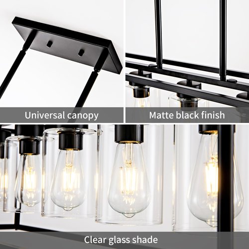 HCCZ 5 Light Dining Room Light Fixture Matte Black Farmhouse Chandelier Over Table Rectangular Kitchen Pendant Lighting Rectangle Modern Industrial Living Room Hanging Lights Adjustable Height