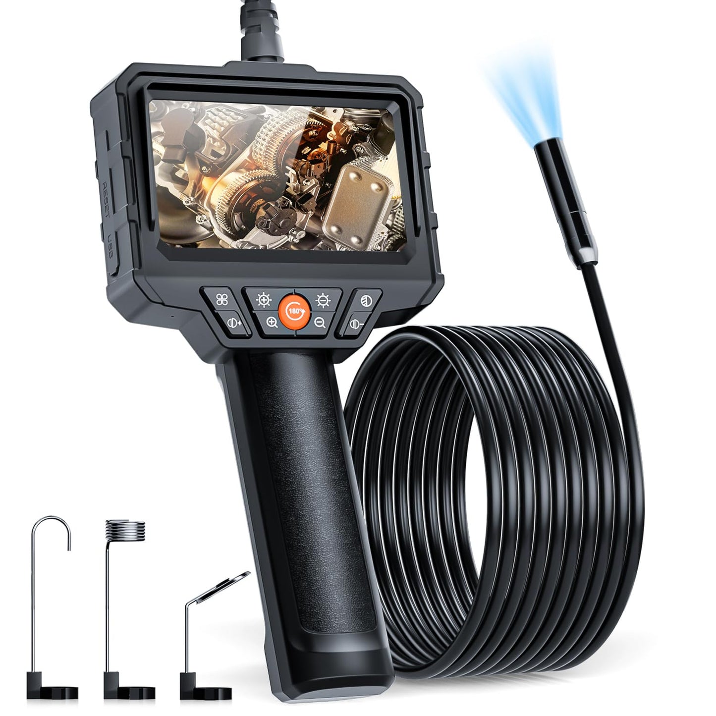 SKYBASIC Endoscope with Light, 4.3'' LCD Screen HD Digital Handheld Borescope IP67 Waterproof Snake Camera - 5M(16.5FT) with 8 LED Lights, 3 Accessories, Semi-Rigid Cable