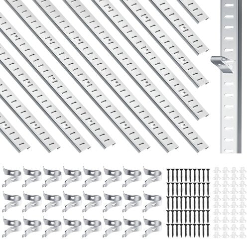 12 Pcs 16 Inch Shelf Pilaster Tracks with 24 Pcs Shelf Clips Adjustable Metal Rail Mortise Mount Pilaster Strip for Wall Bookcases Shelving System Closet Organization