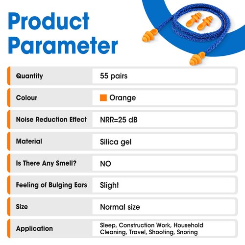 AZEN 55 Pairs Silicone Ear Plugs, Reusable Earplugs for Noise Reduction, 25dB NRR Corded Ear Plugs for Sleeping Noise Cancelling, Ear Plugs with String Individual Packing