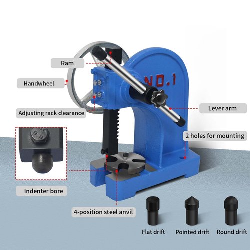 PNBO Arbor Press 1 Ton, Ratchet Leverage Press with Handwheel, 5.5"Maximum Height, Manual Desktop Punch Press for Stamping, Bending, Stretching, Forming