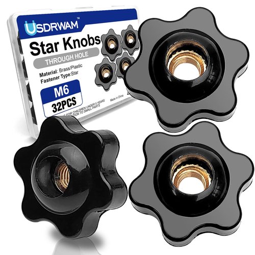Usdrwam 20 Pcs M6 Knob 6 Star Knobs Female Threaded Hexagon Head Black Nylon Screw-On Type Thru Knob Clamping Knobs Jig Knobs T Track Bolts