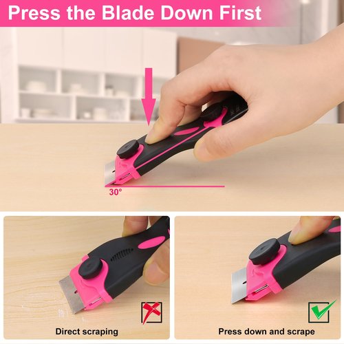 THINKWORK Razor Blade Scraper - Pink Razor Scraper Gift for Women, 2-in-1 Scraper Tool Set with 20Pcs Razor Blades for Removing Window Labels, Decals, Stickers, Glass Stove Top (2 Pack)