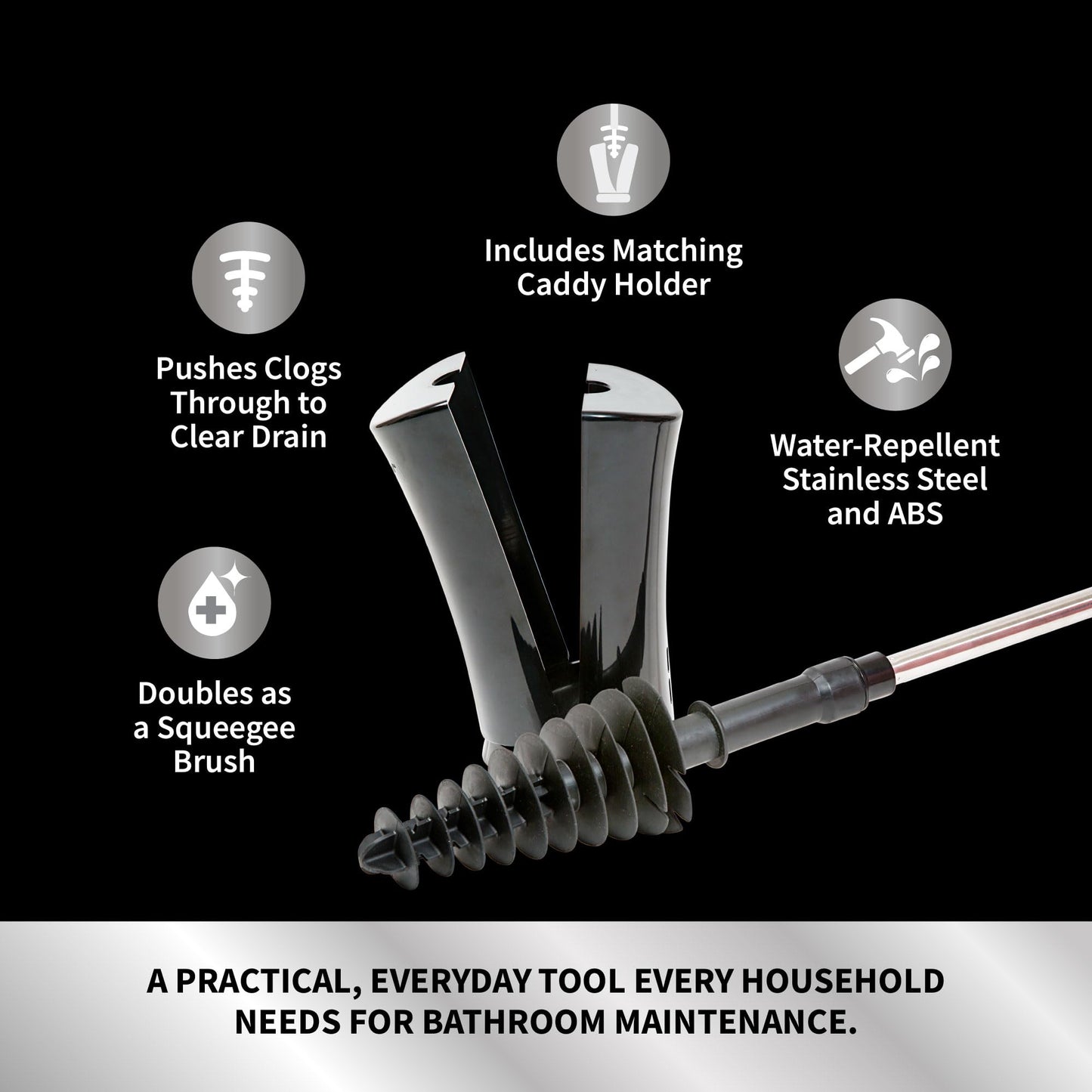ToiletShroom Revolutionary Plunger, Squeegee, Clog Remover, Drain Cleaner, Bathroom Toilet Dredge Tool, Stainless Steel Handle with Caddy Holder, Оne Расk, Black