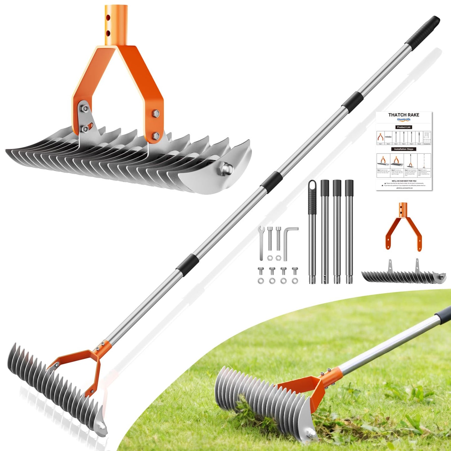 Thatch Rake for Lawn with 68" Adjustable Handle, 15" Heavy Duty Dethatcher Rake for Lawn, Thatching Rake with Dual-Action Tines, Dethatching Rake for Efficiently Removes Dead Grass, Loosens Soil