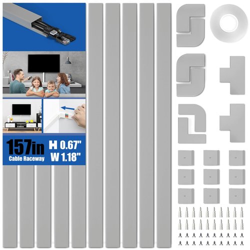 Delamu 157in Cord Hider, Cord Cover Wall Cable Management, Paintable Wire Cover for Cords, Cable Hider Raceway Kit, Cable Cover Concealer, Wire Hiders for TV on Wall, 10 X L15.7 W1.18 H0.6in, Grey