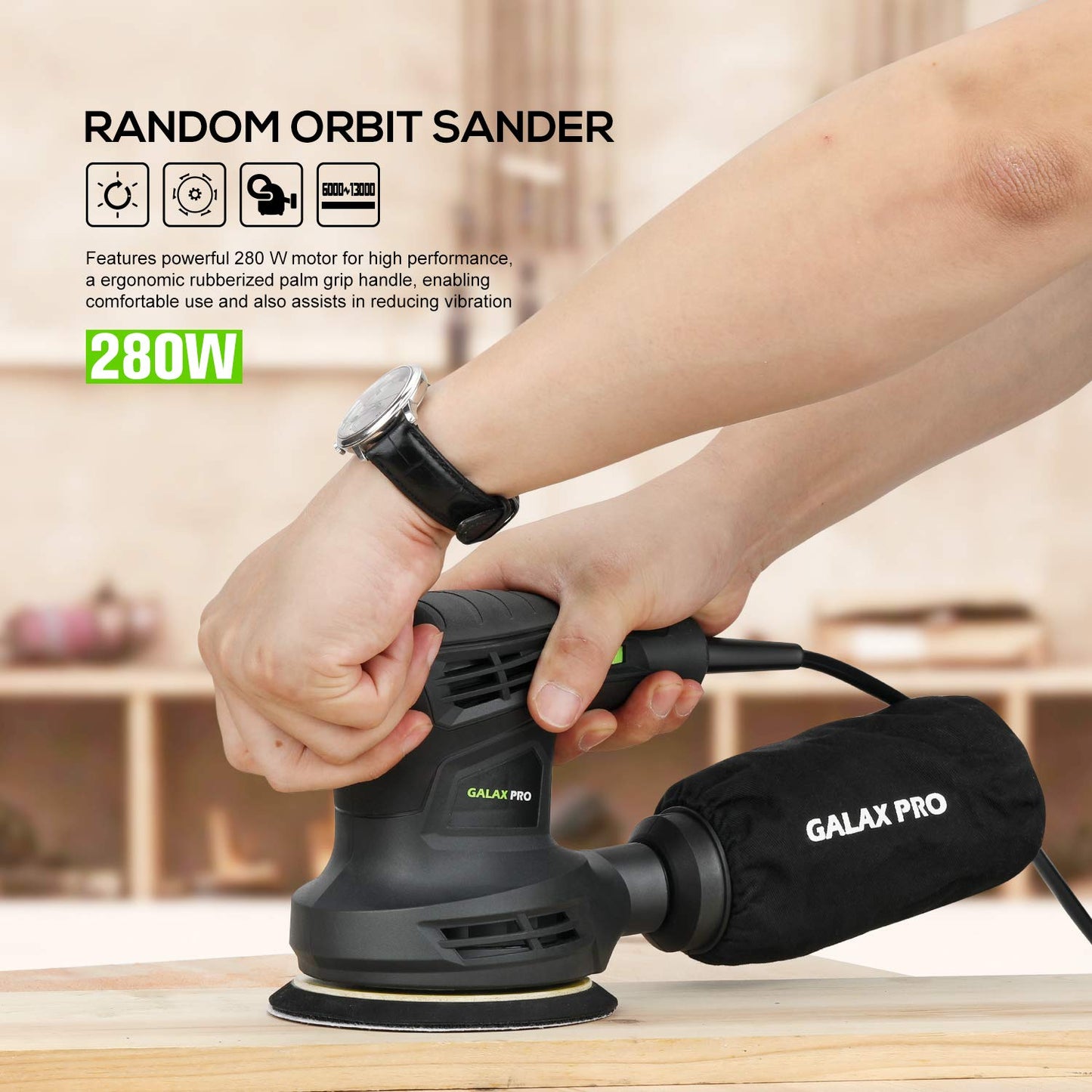 GALAX PRO 280W 13000OPM Max 6 Variable Speeds Orbital Sander with 15Pcs Sanding Discs, 5” electric Sander with Dust Collector for Sanding and Polishing