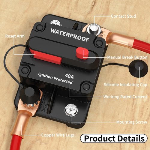 DaierTek 40 Amp Marine Circuit Breaker 12V DC Waterproof Manual Reset 40A Inline Breaker Switch for Car Truck Rv Boat -2Pack