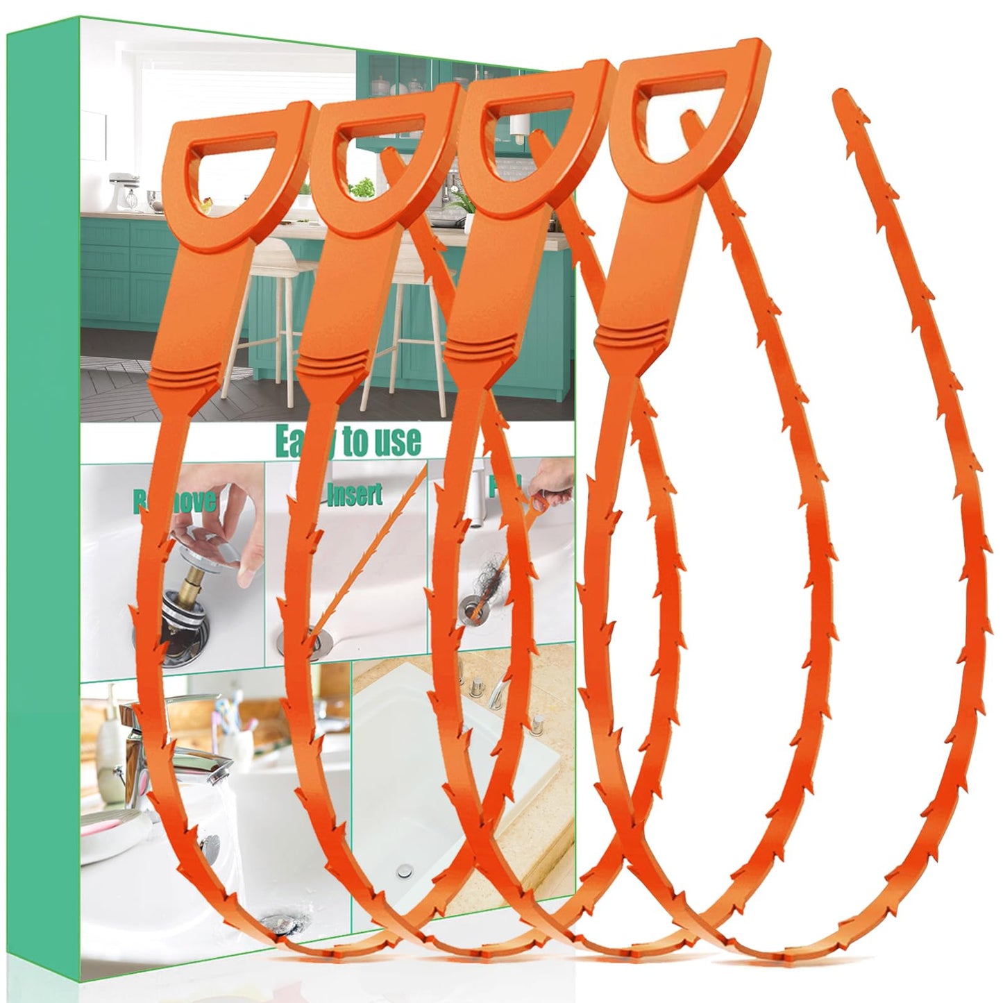 Drain Snake Hair Drain Clog Remover - 4 Pack Shower Snake Sink Unclogger Tool with Exquisite Packaging (Orange)