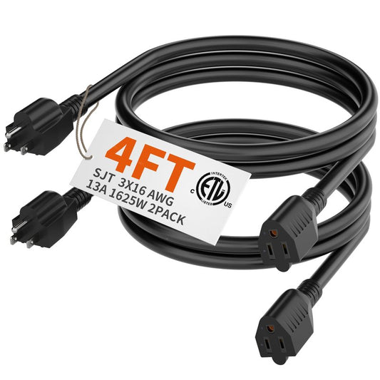 HUANCHAIN 4 FT（2 Pack） 16 Gauge Black Indoor Outdoor Extension Cord Waterproof, Flexible Cold Weather 3 Prong Electric Cord Outside, 13A 1625W 125V 16AWG SJTW, ETL Listed