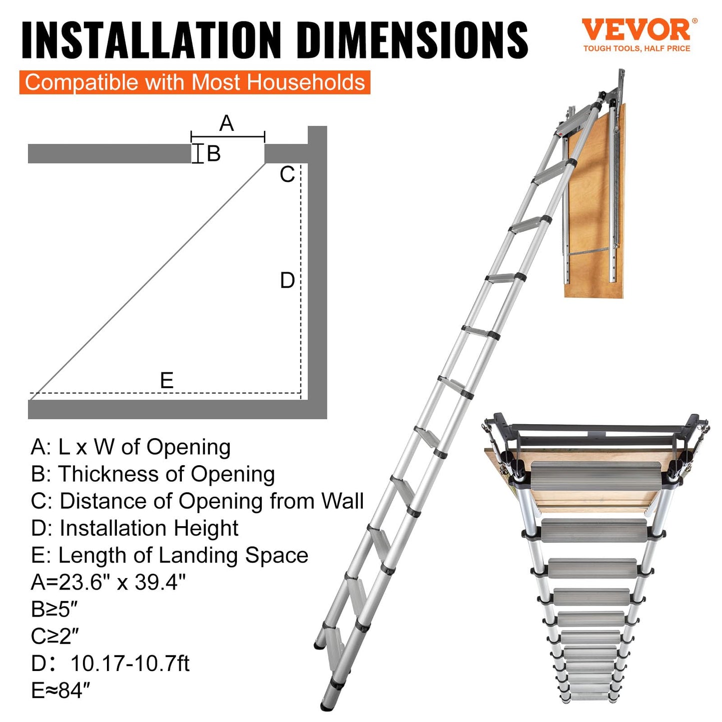 VEVOR Attic Ladder Telescoping, 39.37" x 23.6", Multi-Purpose Aluminium Extension, 350Lbs Capacity, Lightweight and Portable, Fits 10.1'-10.7' Ceiling Heights, Convenient Access to Your Attic Standard