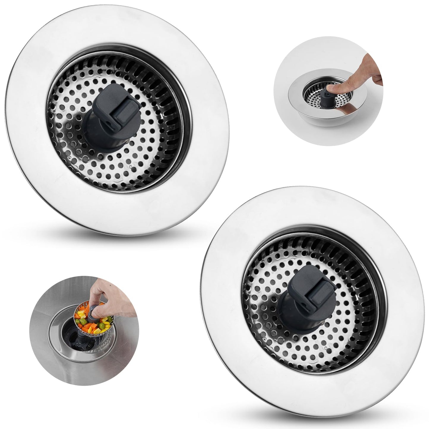 Hibbent 2 Pack 3 in 1 Kitchen Sink Drain Strainer, Stainless Steel Wrapped Shell Drain Stopper Combo, Pop Up Sink Stopper, Anti-Clogging Strainer with Foldable Handle for US Standard 3-1/2" Drain