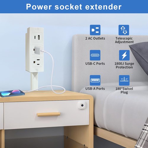 Electrical Outlet Extender with Extendable Stick, Access Hard-to-Reach Outlets! Features USB-A, USB-C, and 2 AC Outlets, 180° Rotating Power Socket Extender - Use Behind Couches, Nightstands, Desks