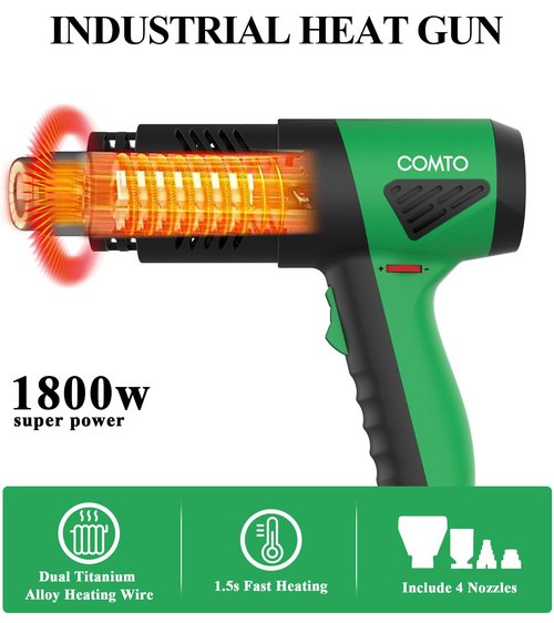 COMTO 1800W Industrial Heat Gun, Fast Heating 122℉-1202℉ Variable Temperature Control Overheat Protection 2 Speed Air Flow with 4 Nozzles for Crafts, Shrinking Tubing, Vinyl Wrap (SG-1004)